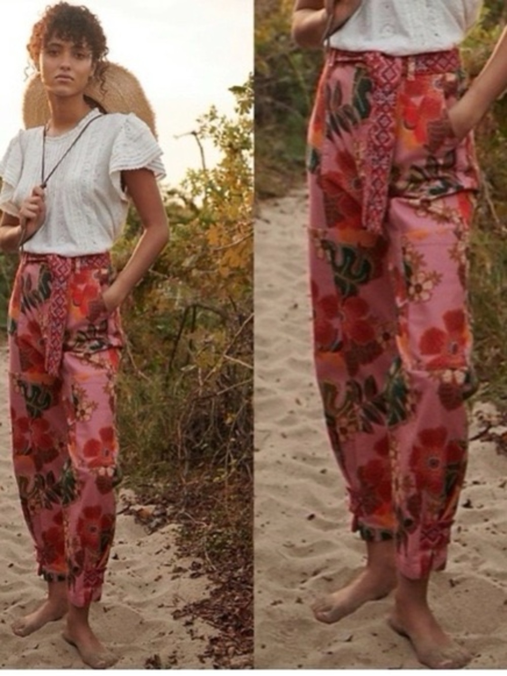 FARM RIO Esperanza Pink Floral Tie-Waist Cropped Pants